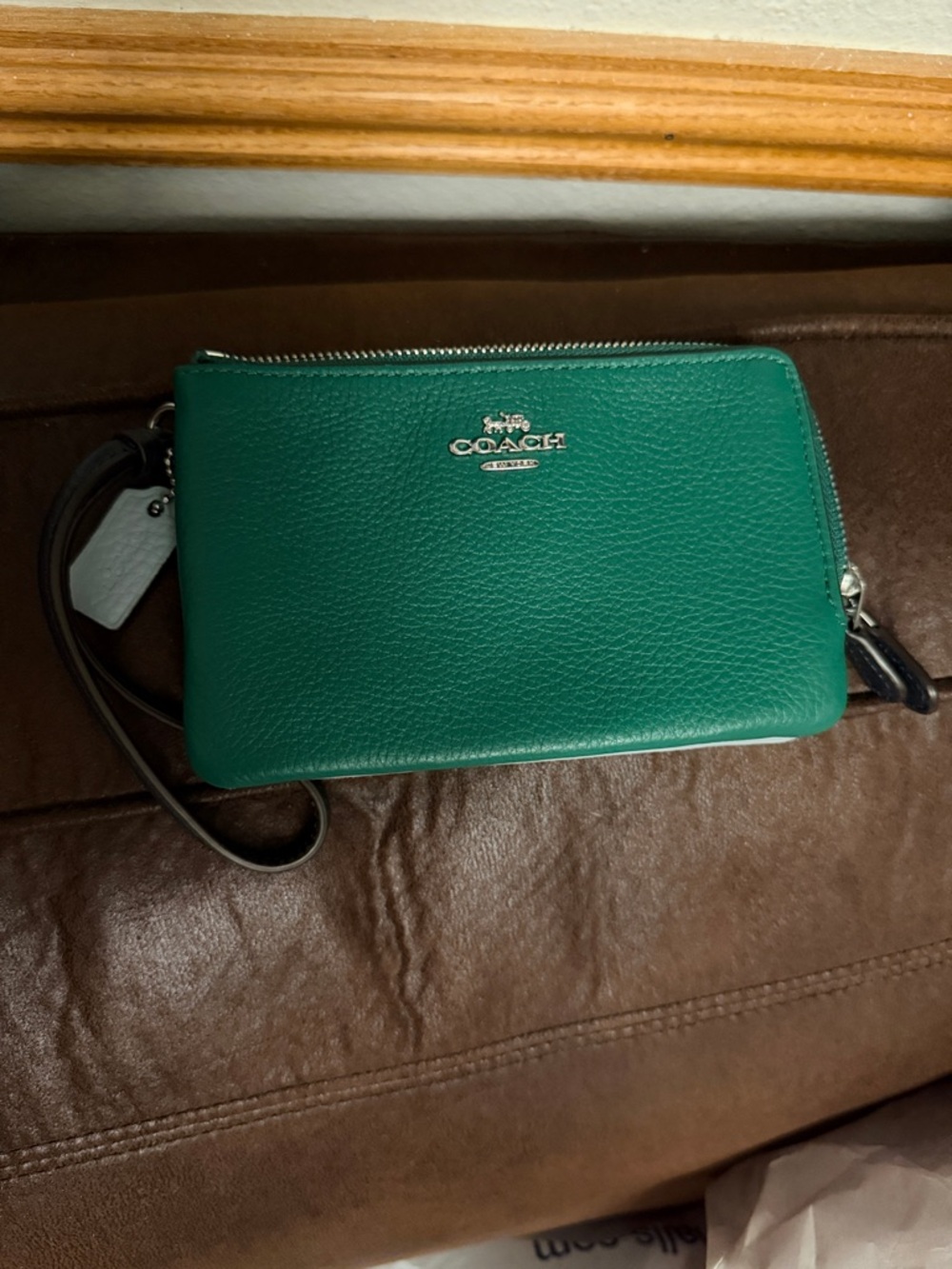 Coach blue/green color block Pebbled Leather double Zip wristlet